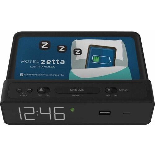 NonStop Station W Alarm Clock w/USB & QI wireless Charging Black| NSW2-BK