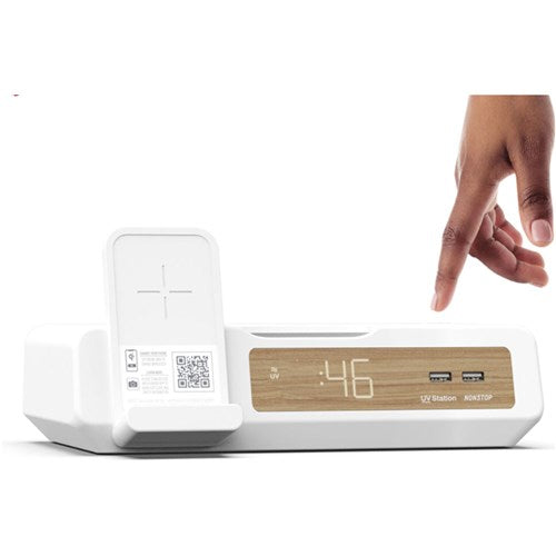 NonStop UV Sterilizer with Qi wireless charging, USB Charging and clock White| NSUV-WW